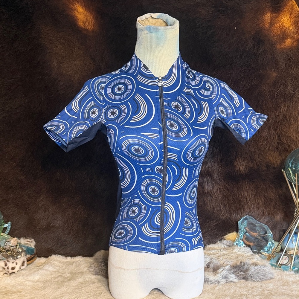 Blue and White Swirl Pattern Zip-Up cycling Top XS (6021)